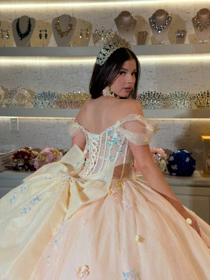 Princess Off Shoulder Glittery Tulle Beaded Quinceanera Dresses with Bowknot