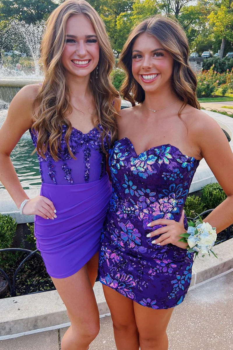Purple Sweetheart Sequins Short Tight Homecoming Dresses