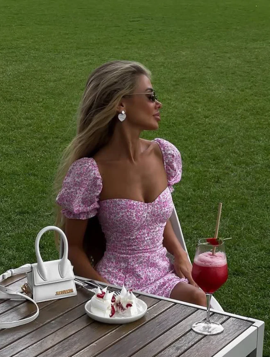 Romantic A Line Off the Shoulder Pink Print Floral Satin Vacation Dress Outfits with Slit