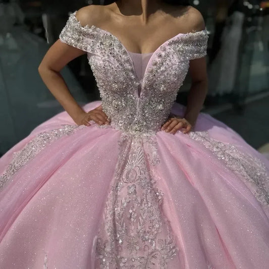 Pink Shiny Quinceanera Dress Off The Shoulder Mexican Vestidos De 15 Princess Sweet 16 Birthday XV Ball Gown Cinderella dress