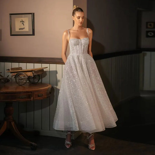 Customized Glitter Wedding Dresses Tulle Spaghetti Straps Sweetheart Sparkle Bride Gowns Lace-up A-line Robe De Mariee Vestidos