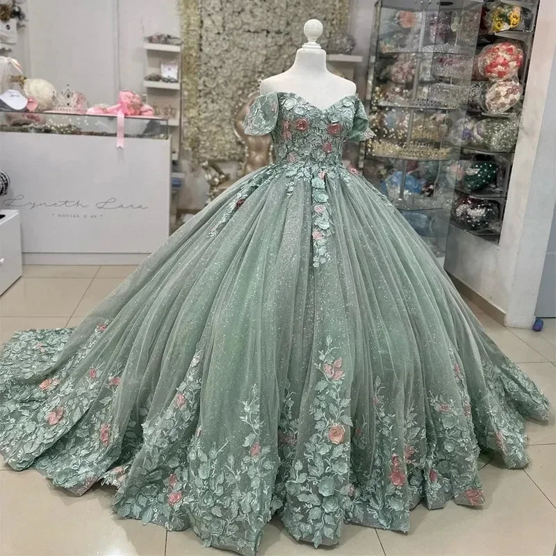 Floral Mint Green Robe De Quinceanera Pretty Flowers Appliques Sweetheart Off The Shoulder Tull Corset Ball Gown Customized