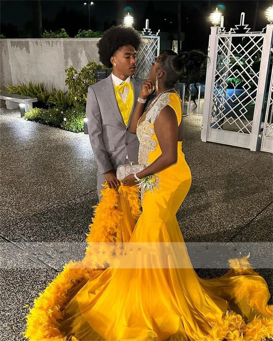Yellow Velvet Mermaid Prom Dresses With Sliver Tassels Beading Featherss For Special Occasions Party Gowns