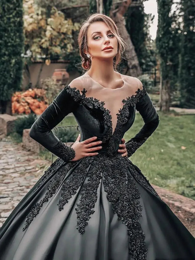 Customized Elegant Gothic Black Wedding Dress With Long Sleeve Scoop Neck Illusion Buttons Back Bridal Gown For Garden And Moder