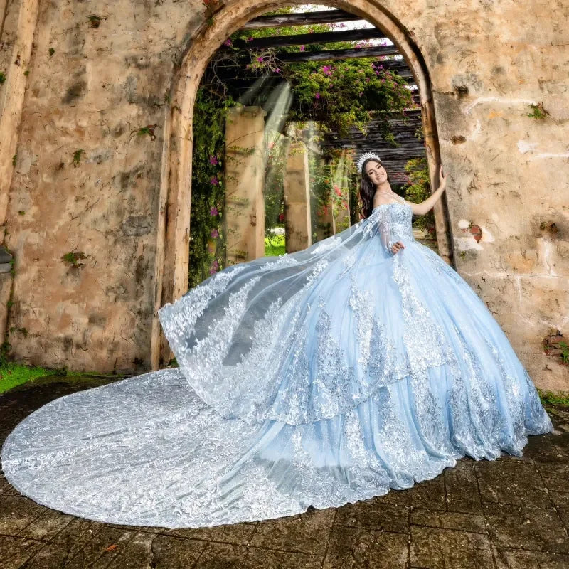 Sky Blue Princess Vestidos De 15 Quinceañera Shinning Beads Appliques Off Shoulder Ball Gown Vestido De Princesas Customized