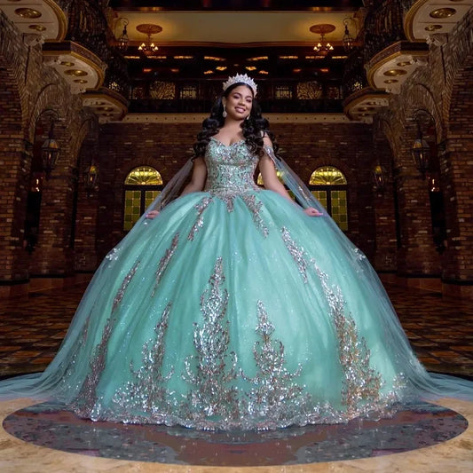 Mint Green Ball Gown Gold Applique Off The Shoulder Quinceanera Dresses With Cape Sweet 16 Vestidos De 15 Anos customized