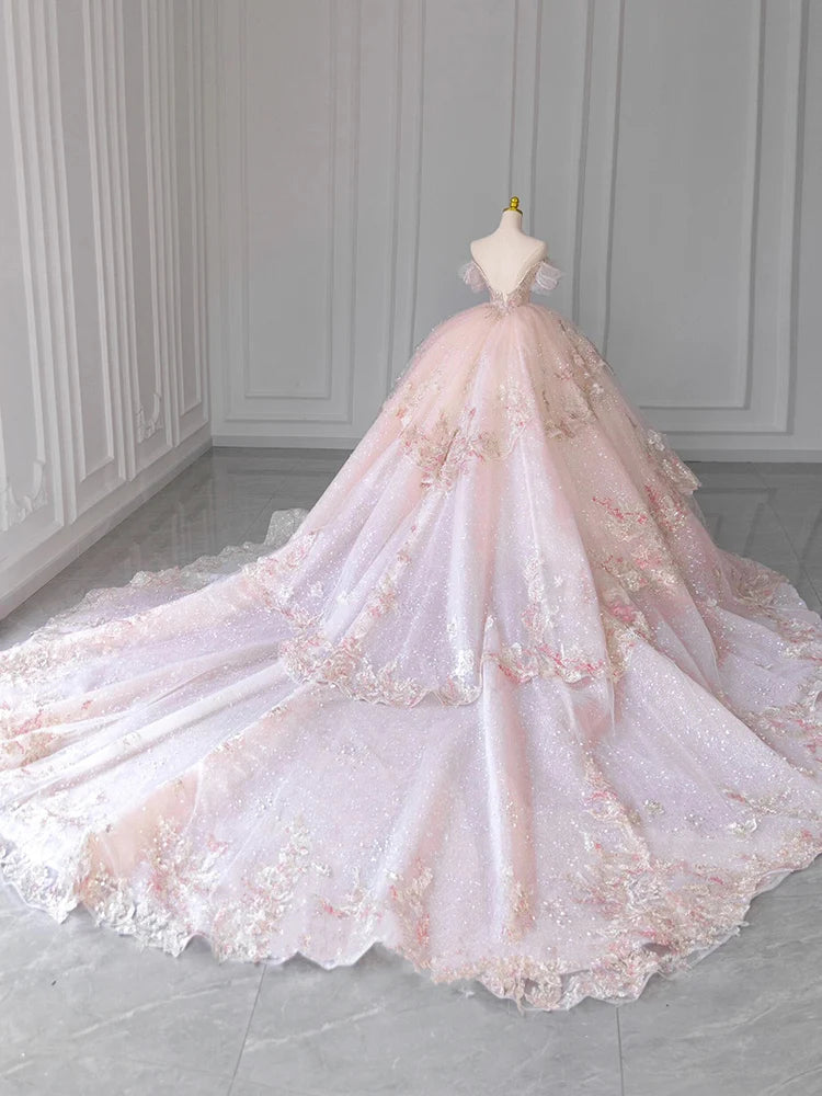 Customized One Shoulder Pink Princess Wedding Dress Bride French Court Style Fugitive Long Train