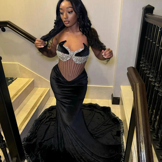 Chic Strapless Black Velvet Evening Dresses Free Shipping Luxury Mermaid Dress See Through Women Clothing Sleeveless Gowns