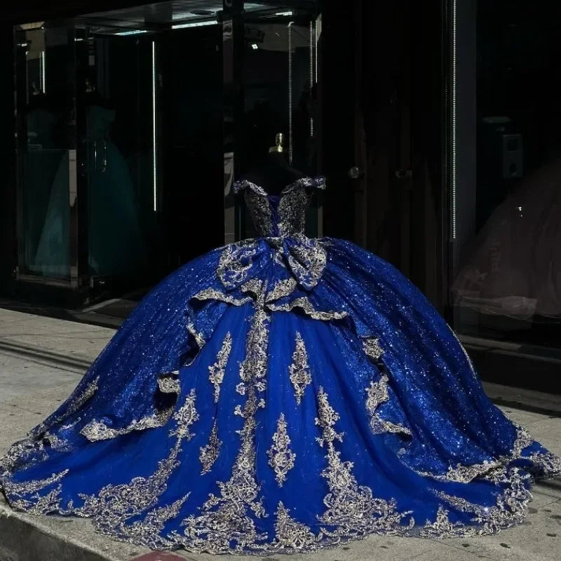 Sparkly Navy Blue Quinceanera Dresses Golden Appliques Off The Shoulder Tull Ball Gown Vestidos De 15 Anos customized