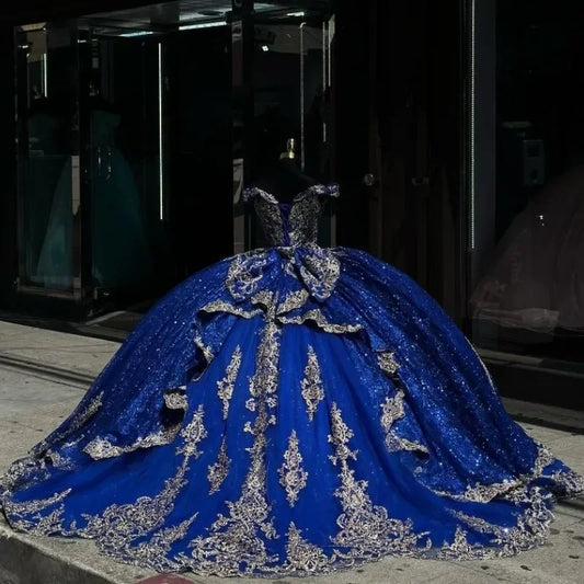Sparkly Navy Blue Quinceanera Dresses Golden Appliques Off The Shoulder Tull Ball Gown Vestidos De 15 Anos customized