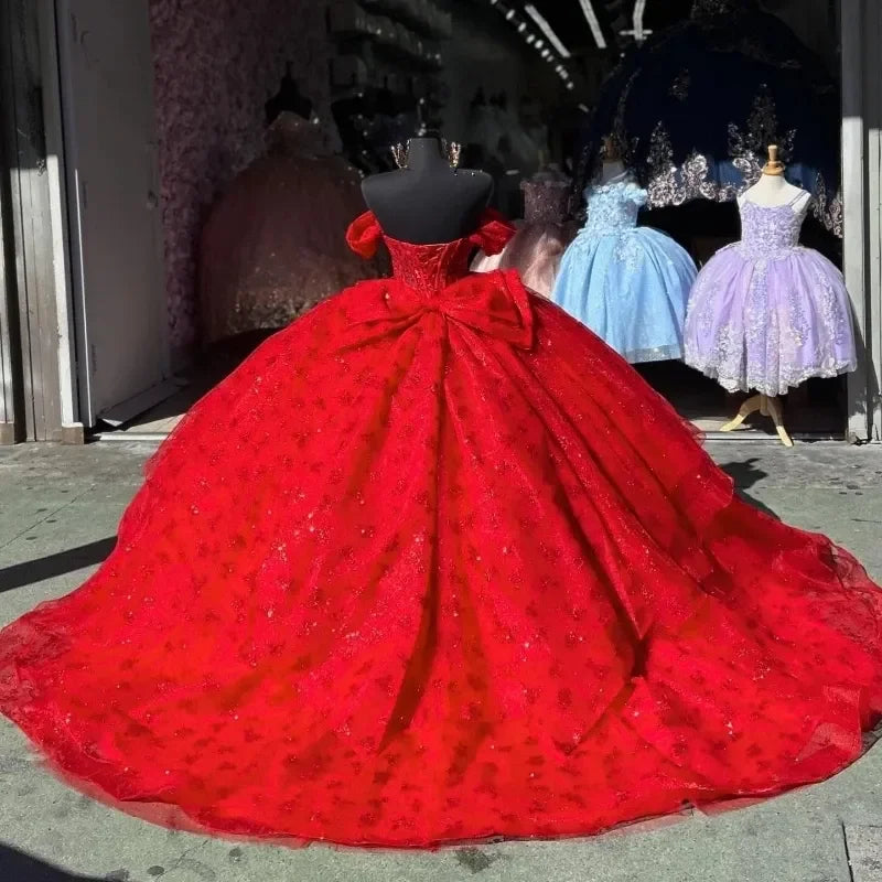 Sparkly Red Vestido De Princesas Lace Beading Crystals Off the Shoulder Ball Gown With Bow Tull Vestidos De 15 Anos Customized
