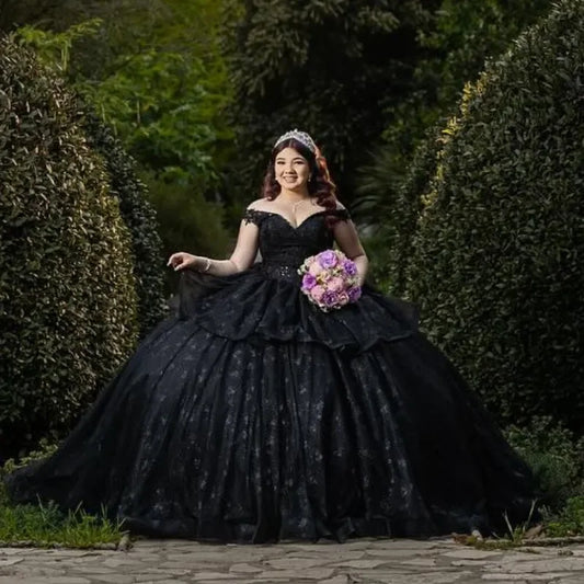 Luxury Black Ball Gown Lace Appliqued Lace Beading Crystal Off The Shoulder Quinceanera Dresses Vestidos De 15 Anos Customized