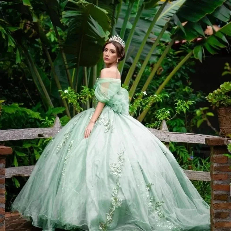 Mint Green Sweetheart Robe De Quinceanera Applique Lace Beads Tull Off the Shoulder Vestidos De 15 Anos Customized