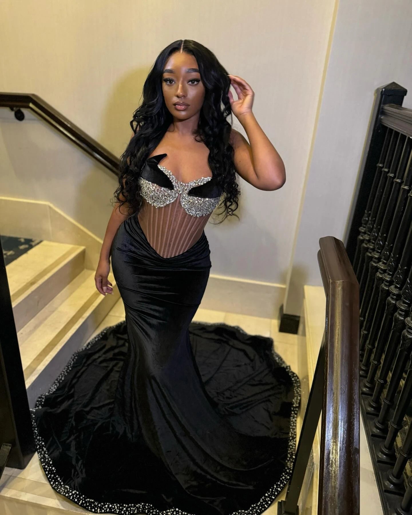 Chic Strapless Black Velvet Evening Dresses Free Shipping Luxury Mermaid Dress See Through Women Clothing Sleeveless Gowns