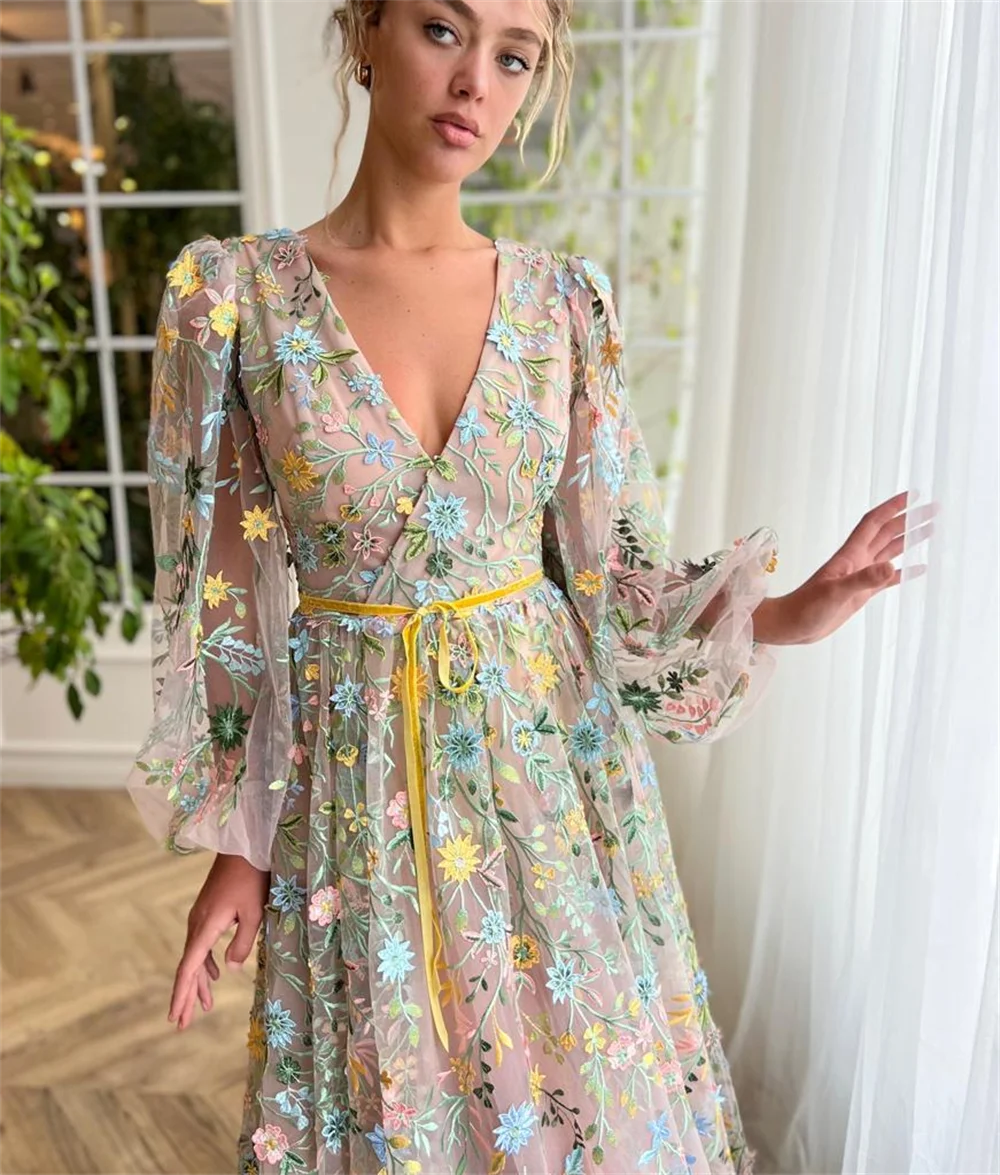 Fancy Flower Women Vestidos De Noche Elegant Puffy Sleeves A-line فساتين السهرة Sweet V-neck Long Sleeves Prom Dress