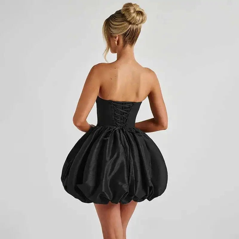 Bow Pearl Backless Sexy Puffy Mini Dress Women Summer Strapless Bodycon Short Dresses Vestidos Female Elegant Party Dress 2025