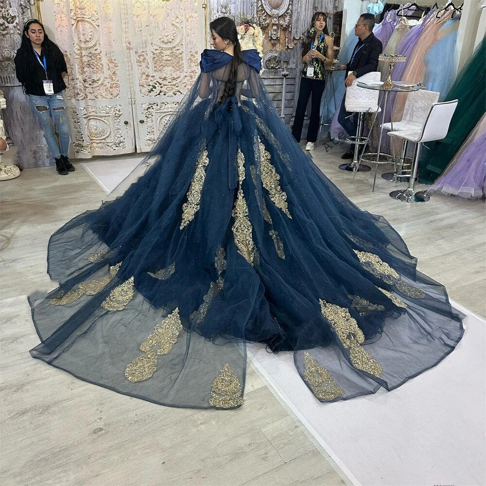 Gold Beaded Appliques Black Quinceanera Dresses Ball Gown With Cape Tulle Sweetneck Sweep Train Plus Size Prom Party Gowns