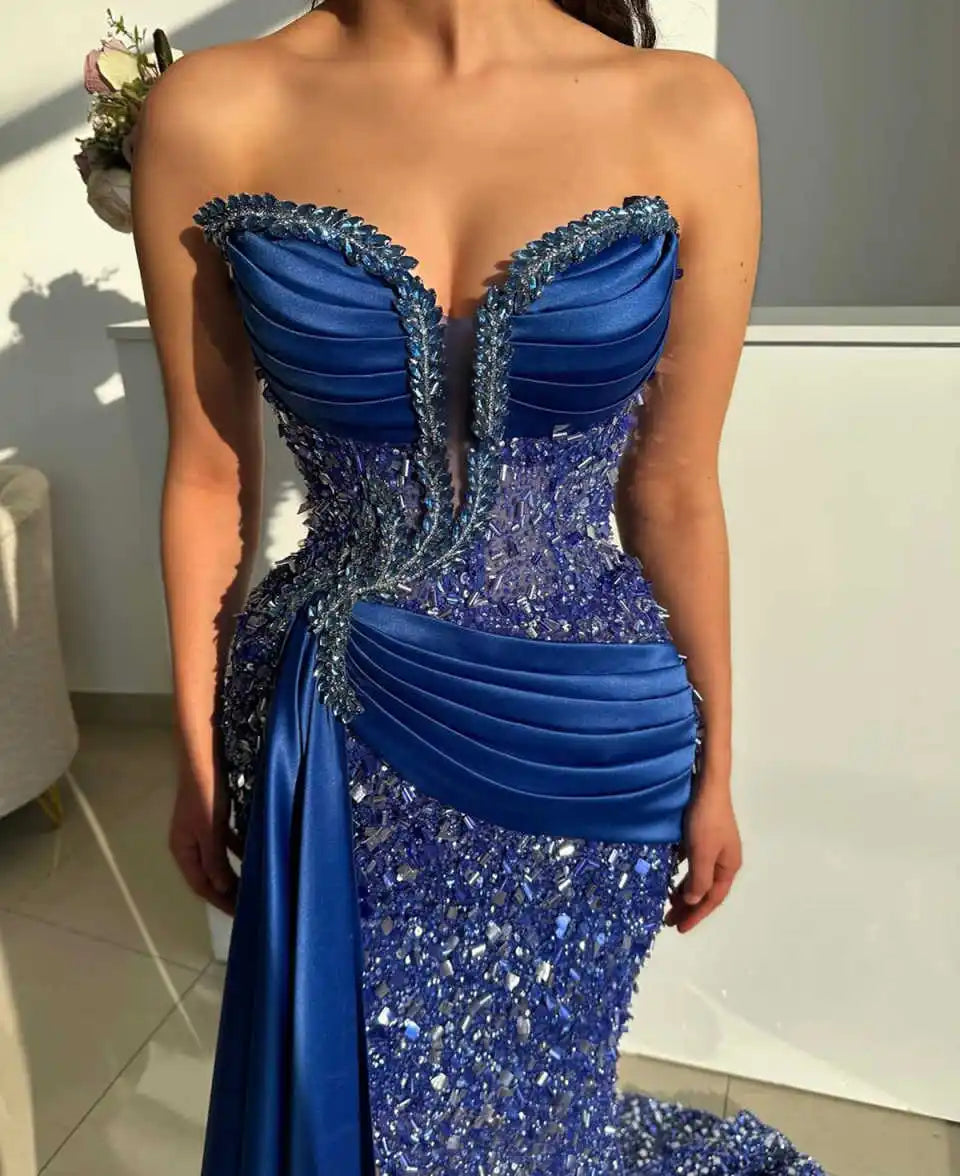 Elegant Evening Dresses Mermaid Strapless Sequined Crystals Sleeveless Prom Gowns Party Dresses Custom Made Robe De Soirée