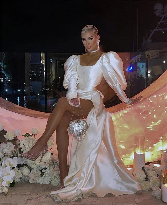 Simple Modern Ivory Satin Thick Short Wedding Dresses Long Puff Sleeves Mini Sexy Bridal Gowns Customized White Robe de mariage