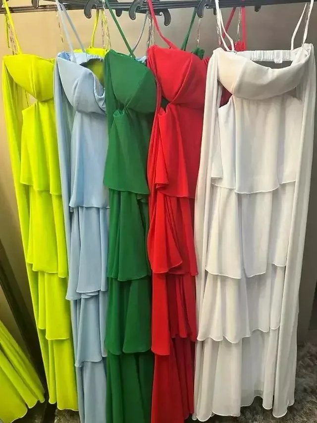 Green Prom Dress Spaghetti strap Gala Guest Night Dinner Dress Female Tiered Chiffon Sexy Backless Evening Party Dress