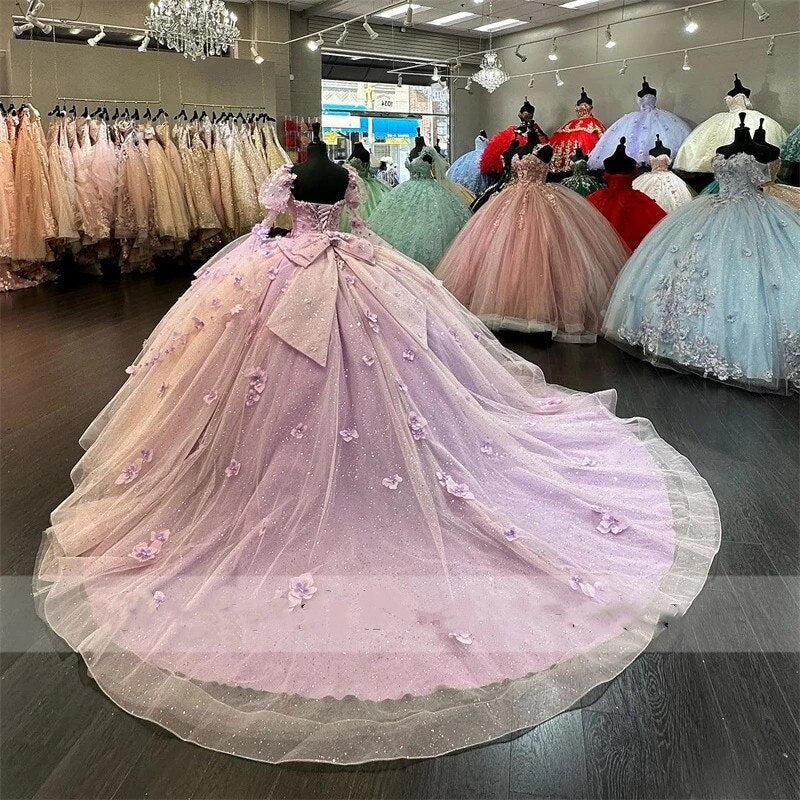 Purple Flowers Quinceanera Dresses Bow Two Sleeves Appliques Crystal Sweet 15th Prom Party Gowns Luxury Vestidos