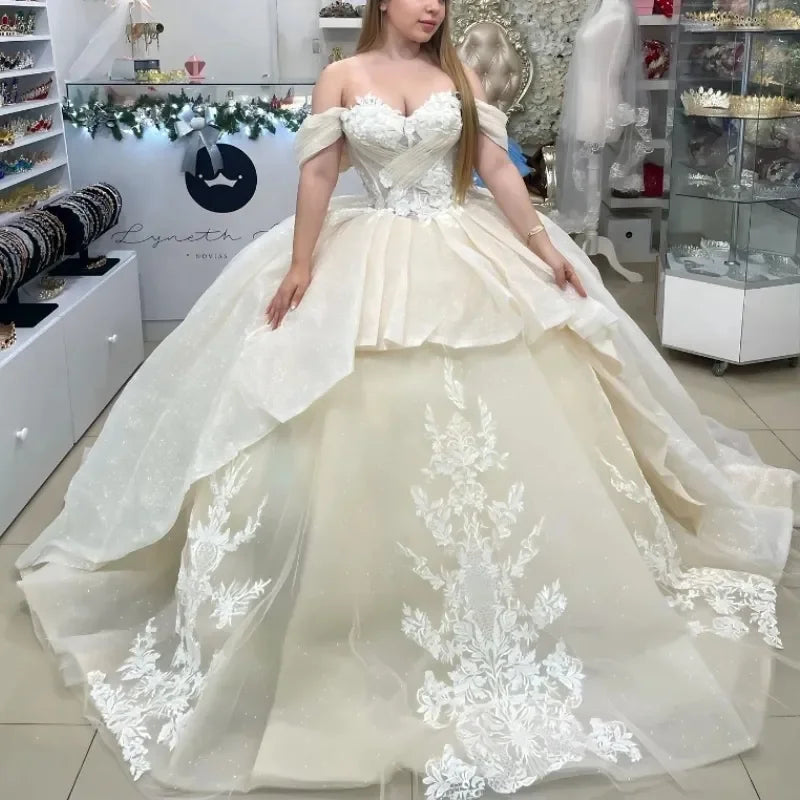 Princely Ivory Sweetheart Robe De Quinceanera Glitter Ruffles Lace-Up Off The Shoulder Applique Lace Ball Gown Customized
