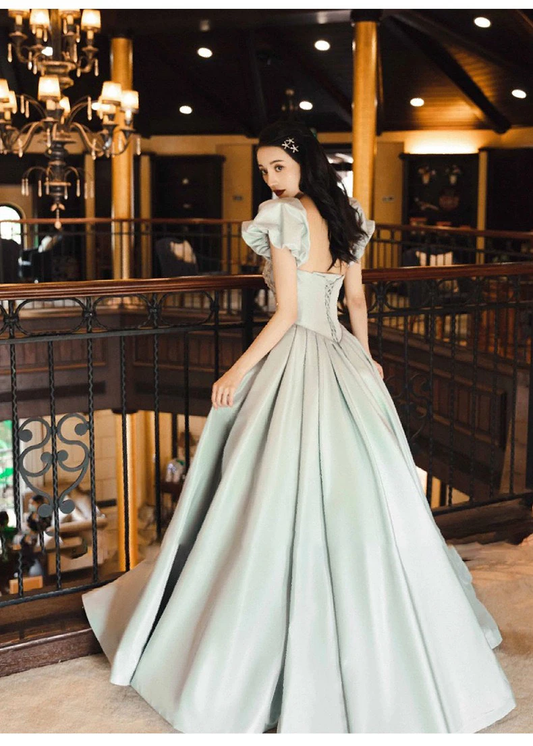 Satin Green Blue Celebrity Dresses Puff Sleeve Applqiue Square Collar Lace-up Backless Princess Woman Celebrity Prom Gowns