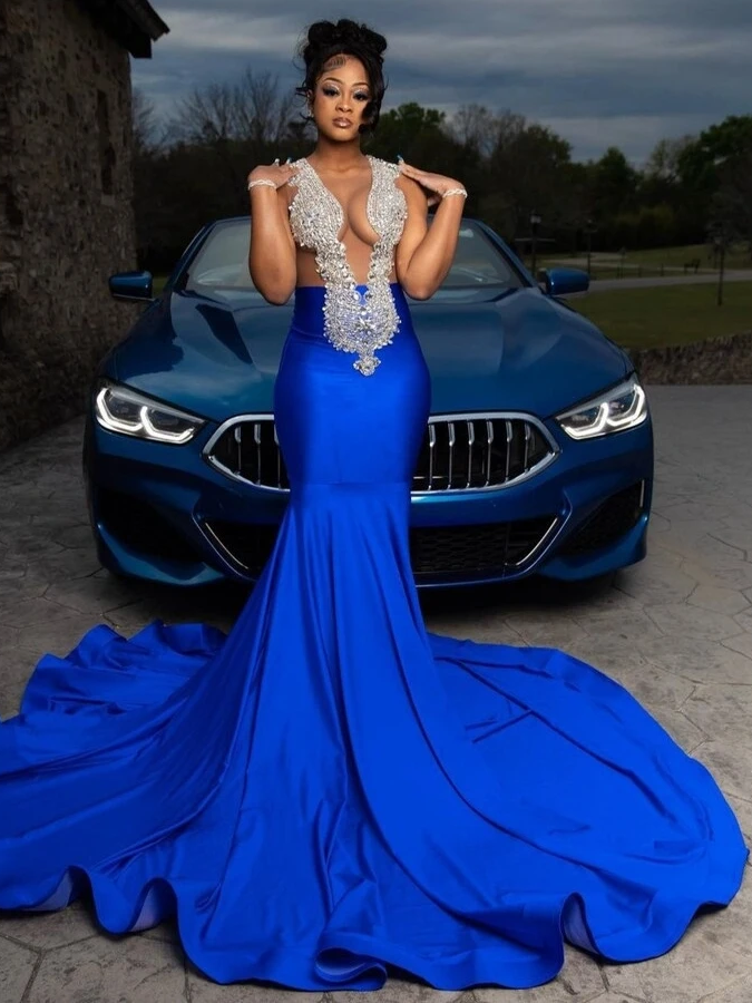 Royal Blue Sheer Women Long Black Girls Prom Dresses Sexy Luxury Diamond Mermaid Prom Gowns Evening Gala Party Customized
