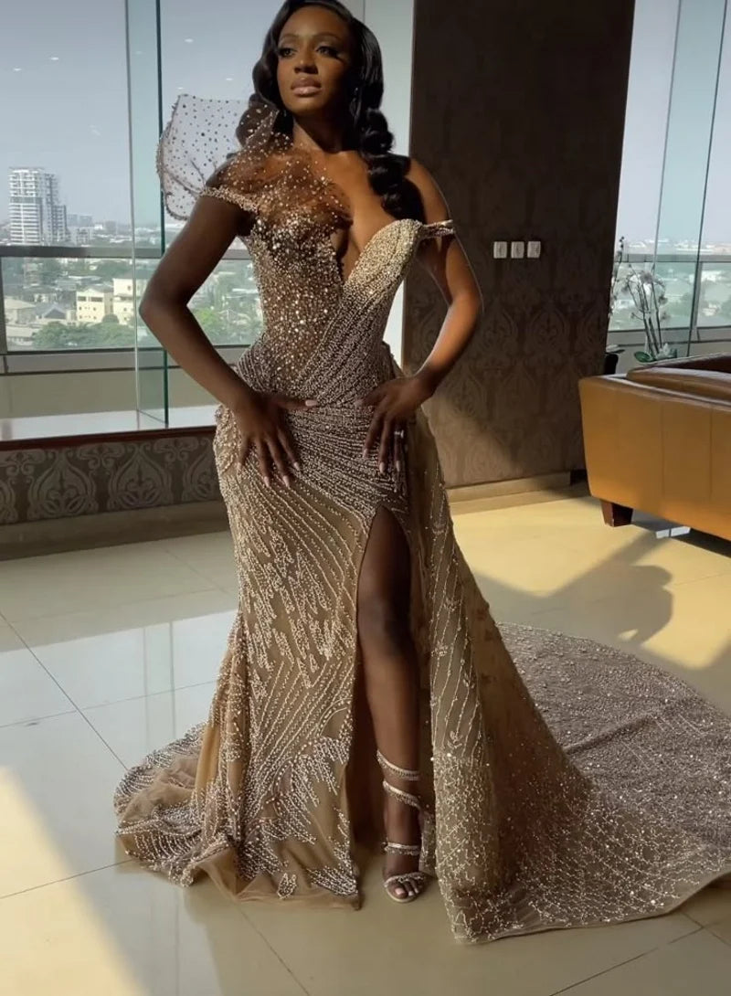 Elegant Sequin Evening Dresses African Girls High Split V-Neck Crystal Beaded Long Mermaid Prom Gowns robes de soirée Customized