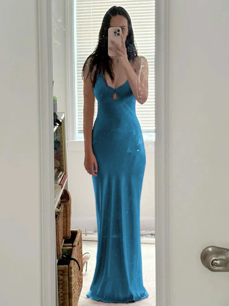 Scoop Neck Pink Sheath Satin Long Prom Dress