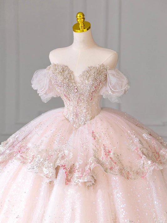 Customized One Shoulder Pink Princess Wedding Dress Bride French Court Style Fugitive Long Train