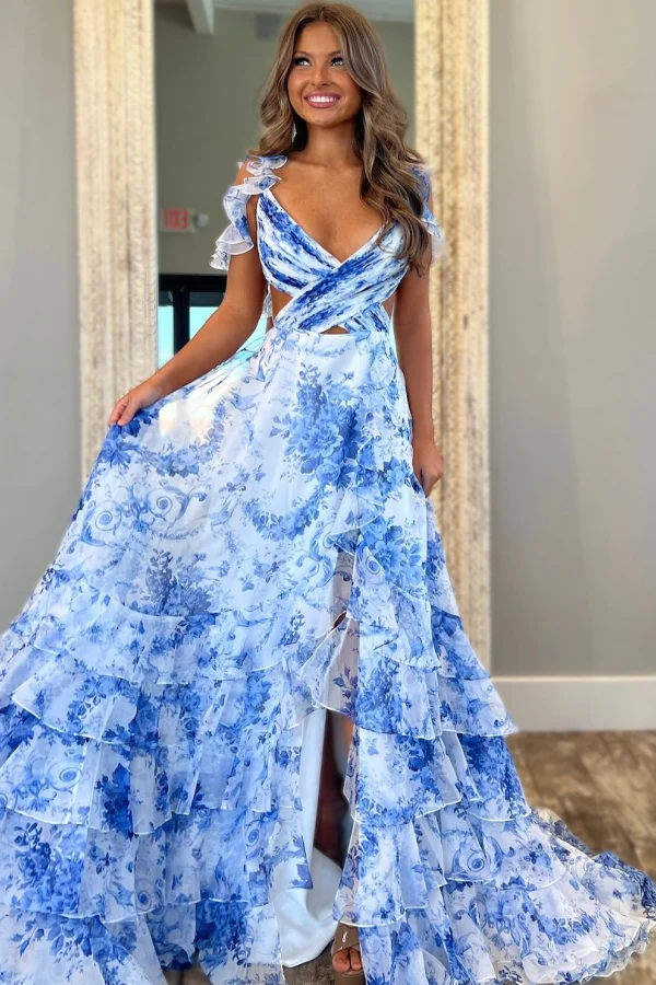 Sexy A-Line V Neck Cap Sleeves Pleated Ruffles Floral Tiered Prom Party Dress High Side Slit and Train Open Back Cocktail Dress Formal Evening Gown