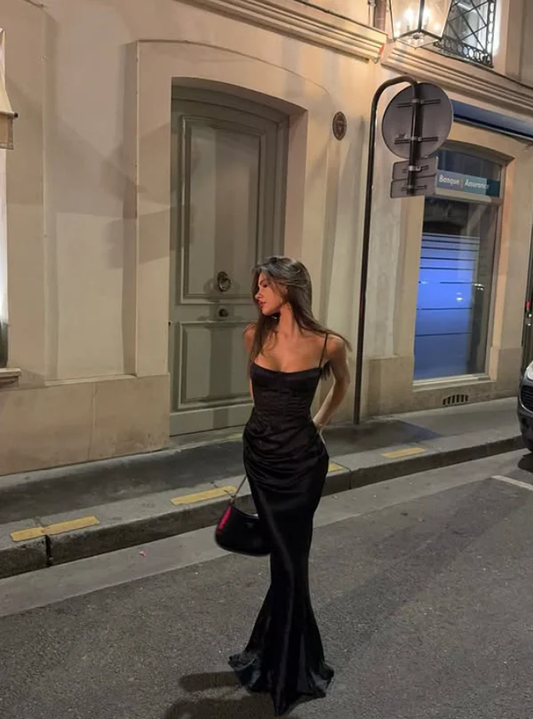 Sexy Black Mermaid Spaghetti Strap Corset Simple Satin Long Prom Dress