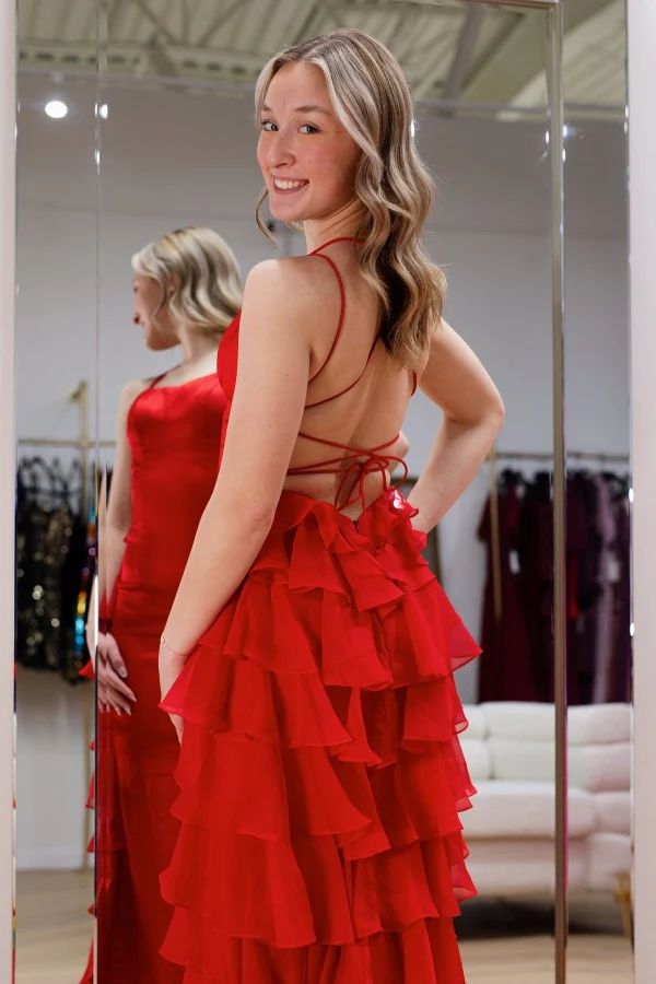 Sexy Sheath Strapless Spaghetti Straps Sleeveless Open Back Chiffon Tiered Floor Length Prom Dress Evening Formal Gown