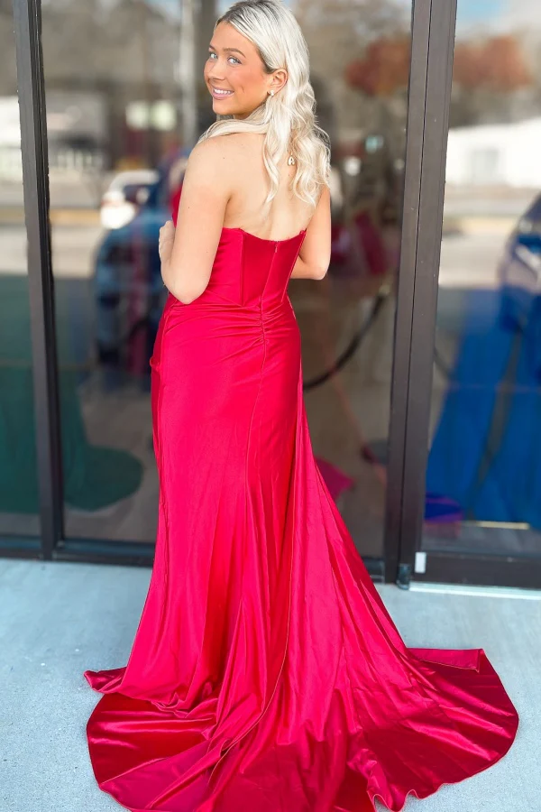 Sexy & Hot Sheath V Neck Sleeveless Pleated Ruched Back Zipper Prom Party Dress High Side Slit and Train Evenig Formal Gown Cocktail Dress