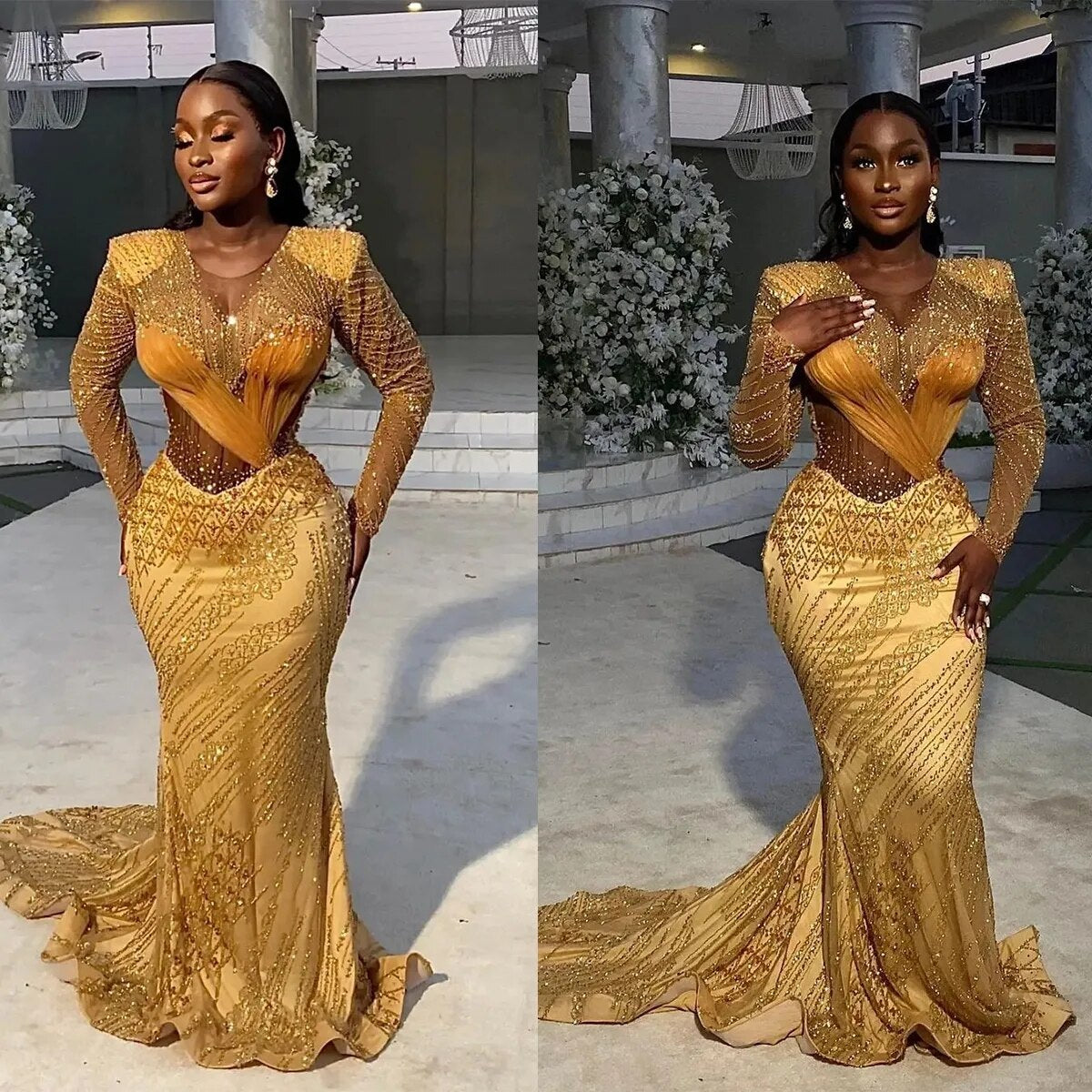Elegant Gold Sequins Mermaid Prom Dresses Long Sleeves Beaded Applicant Ruffle Plus SIze Zipper Chapel Eevning Gown