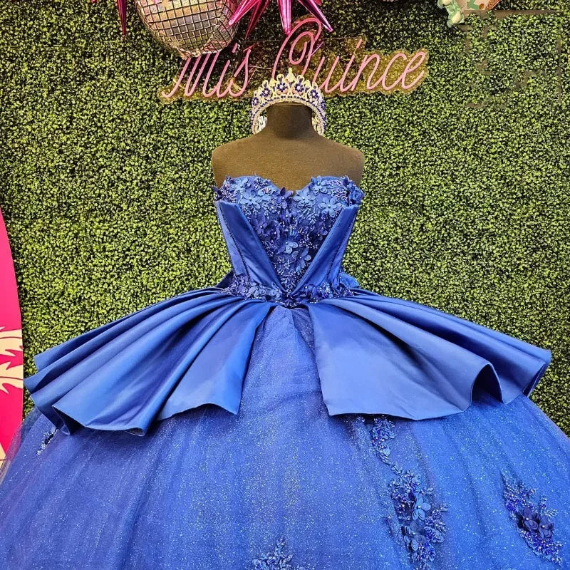 Romantic Blue Princess Quinceanera Dresses Strapless Tiered Applique Lace Beads Corset Vestido De 15 Anos Ball Gown Customized