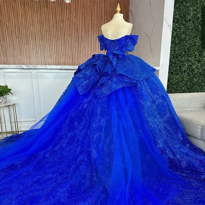 Mexican Royal Blue Vestidos De 15 Quinceañera Sequined Ruffles Lace-Up Backless Ball Gown Tull Vestido De Princesas Customized