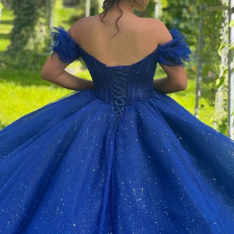 Sparkly Royal Blue Vestidos De 15 Quinceañera Sequined Appliques Off The Shoulder Ball Gown Tull Vestidos De 15 Anos Customized