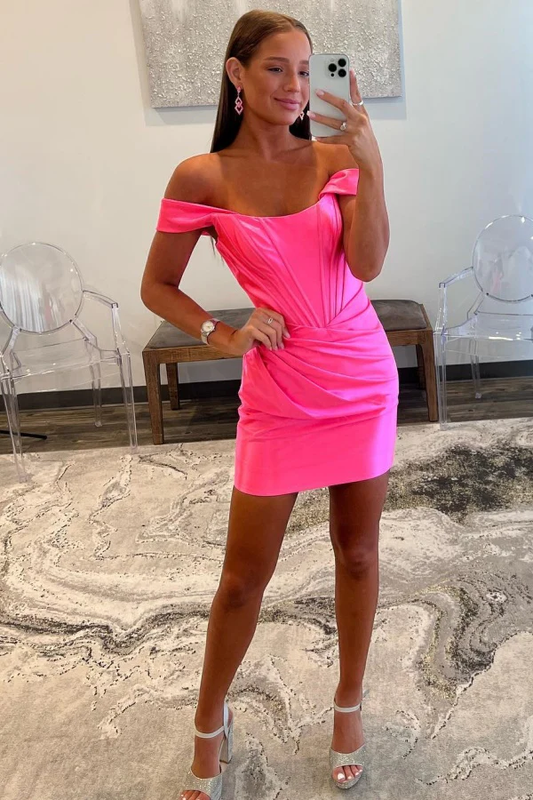 Sheath Off Shoulder Hot Pink Satin Homecoming Dress