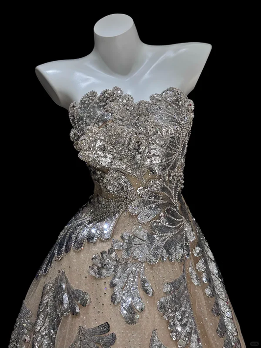 Silver Layered Sequin A Line Sweetheart Neck Apricot Tulle Long Prom Dress Evening Dress