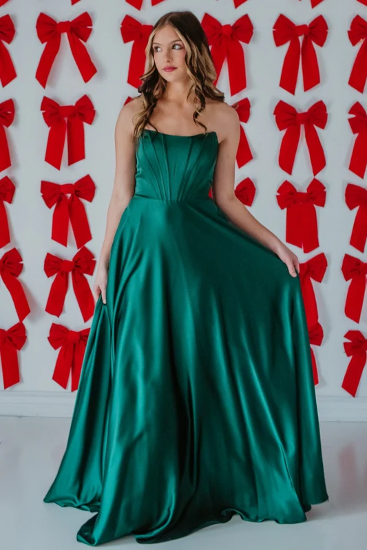 Simple A-Line Boat Neck Sleeveless Pleated Lace Up Floor Length Dark Green Satin Prom Dress Evening Party Dress Bridesmaid Dress