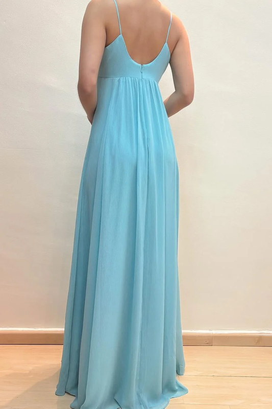 Spaghetti Straps A-Line V-Neck Appliques Pleated Chiffon Prom Dress