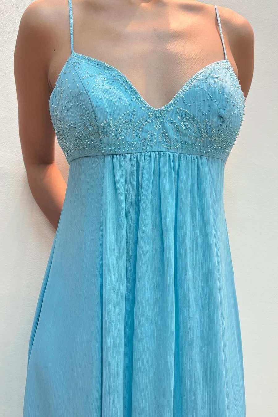 Spaghetti Straps A-Line V-Neck Appliques Pleated Chiffon Prom Dress
