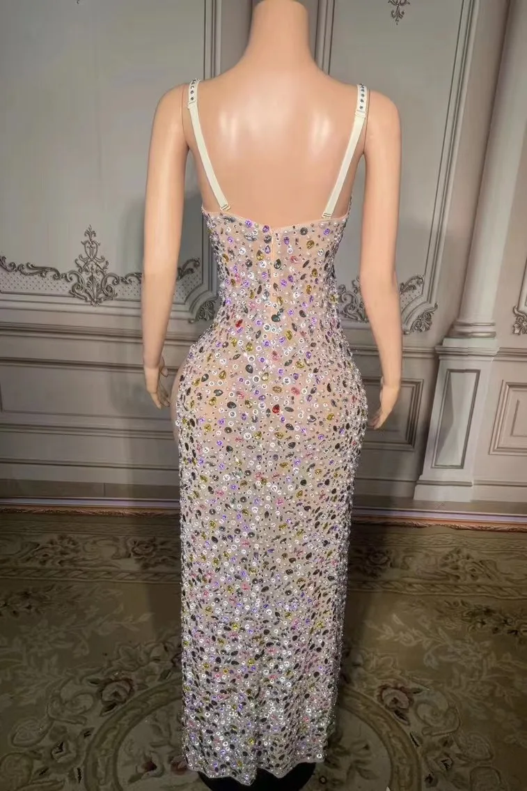 Sparkly Clubbing Rhinestone Drill Chain Bodysuits For Women Sexy Long Sleeve See Through Mesh Leotard Carnival Photography