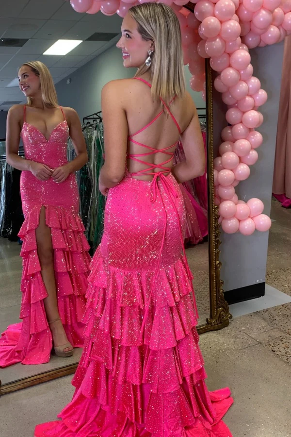 Sparkly Sheath Sweetheart Neck Spaghetti Straps Sleeveless Fully Sequins Beaded Tiered Prom Party Dress Criss Cross Straps Floor Length Formal Cocktail Dress