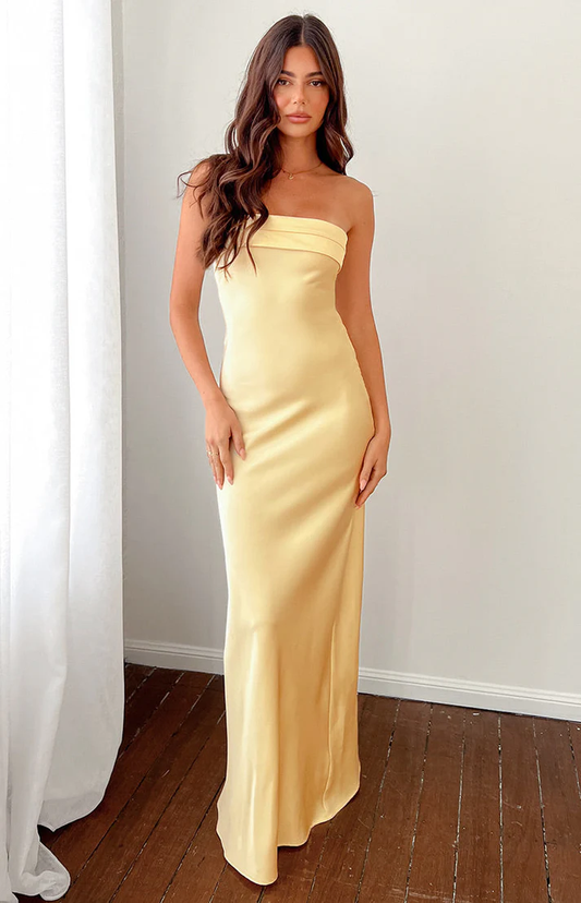 Straight Across Yellow Maxi Prom Dress