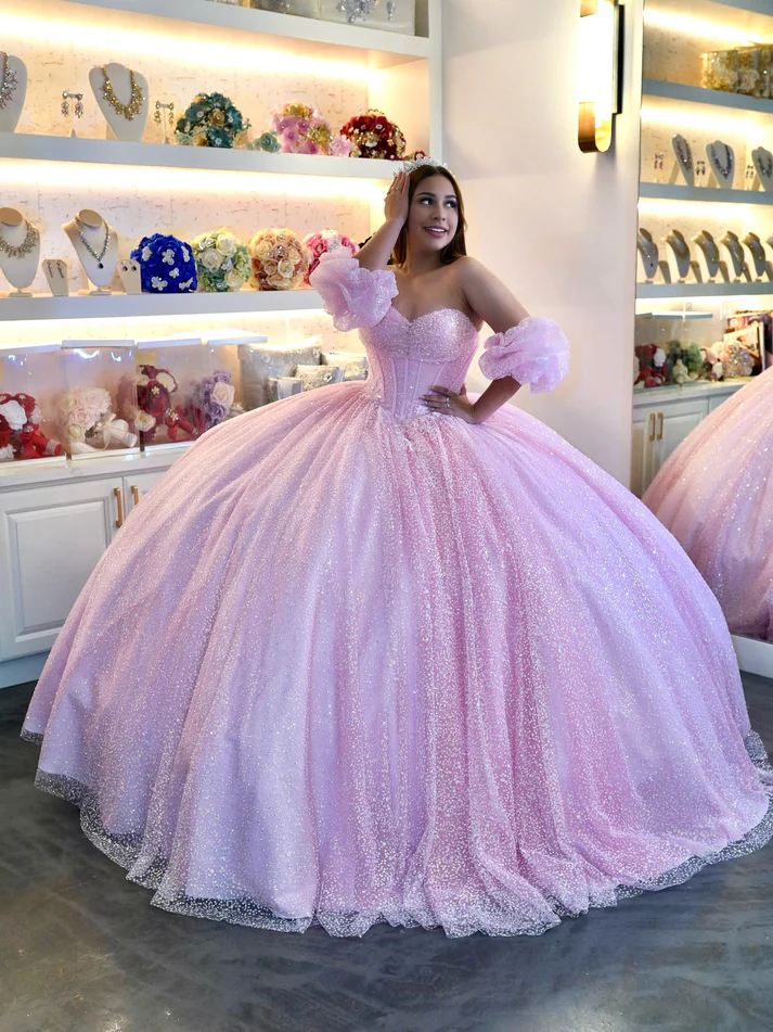 Strapless Detachale Sleeves Beaded Pink Sweet 15 Quinceañera Dress