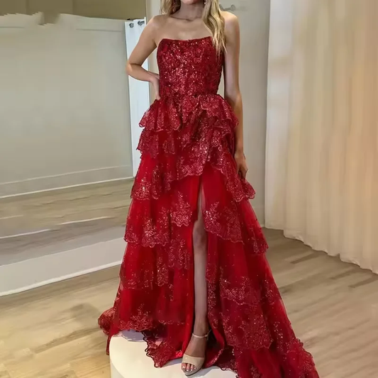 Strapless Lace Tulle Tiered Prom Dress Sparkly Sequin With Slit Bridesmaid Dresses Formal Evening Party Gowns