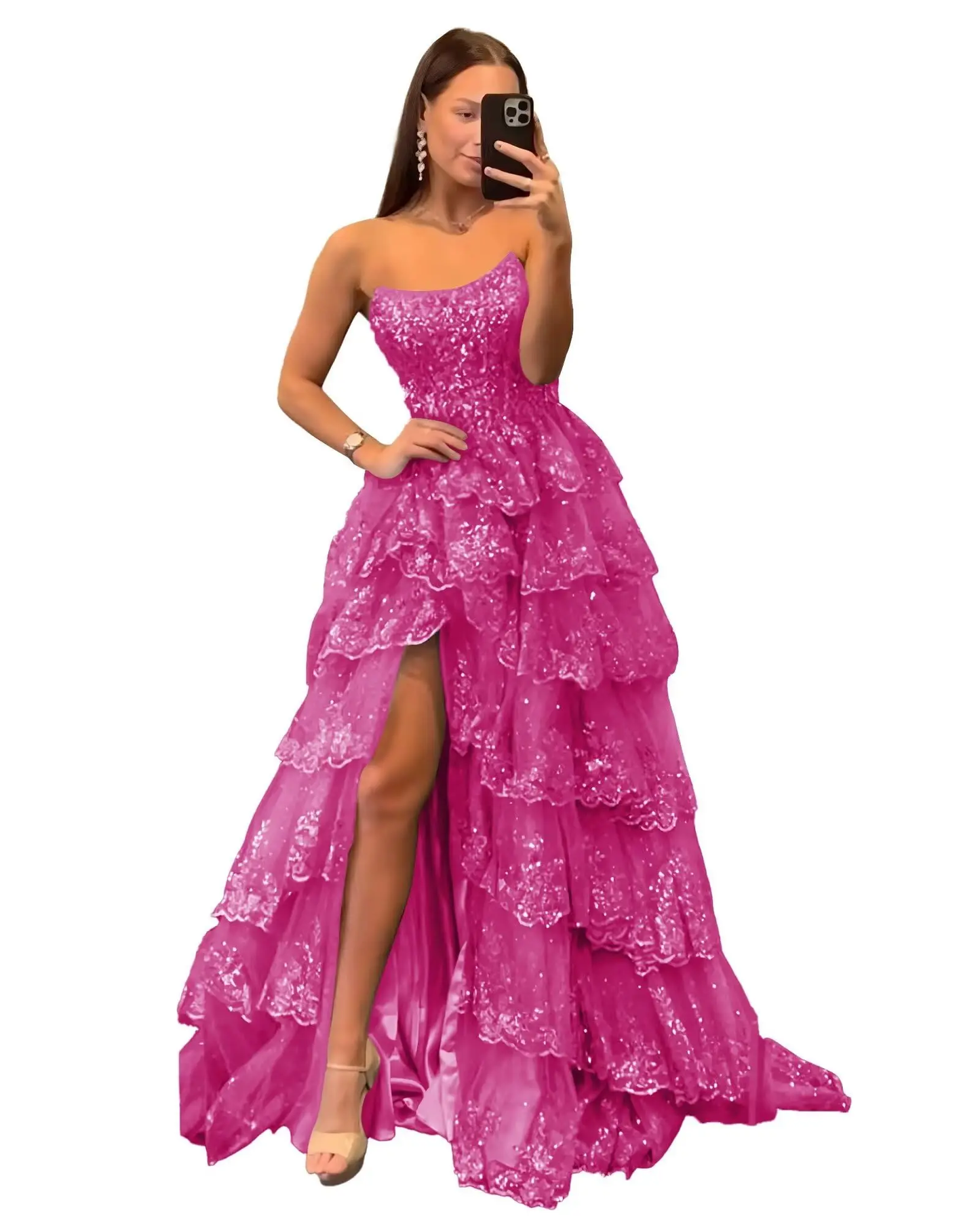 Strapless Lace Tulle Tiered Prom Dress Sparkly Sequin With Slit Bridesmaid Dresses Formal Evening Party Gowns